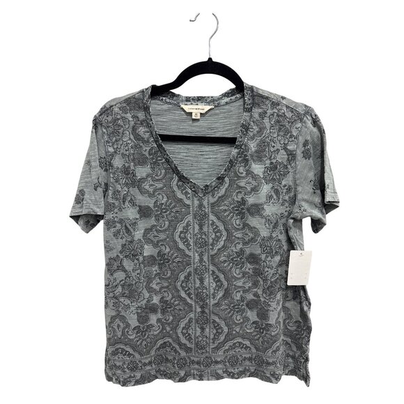 Lucky Brand Women's XS V-Neck Short Sleeve Floral Paisley Print Gray Top - Picture 2 of 6